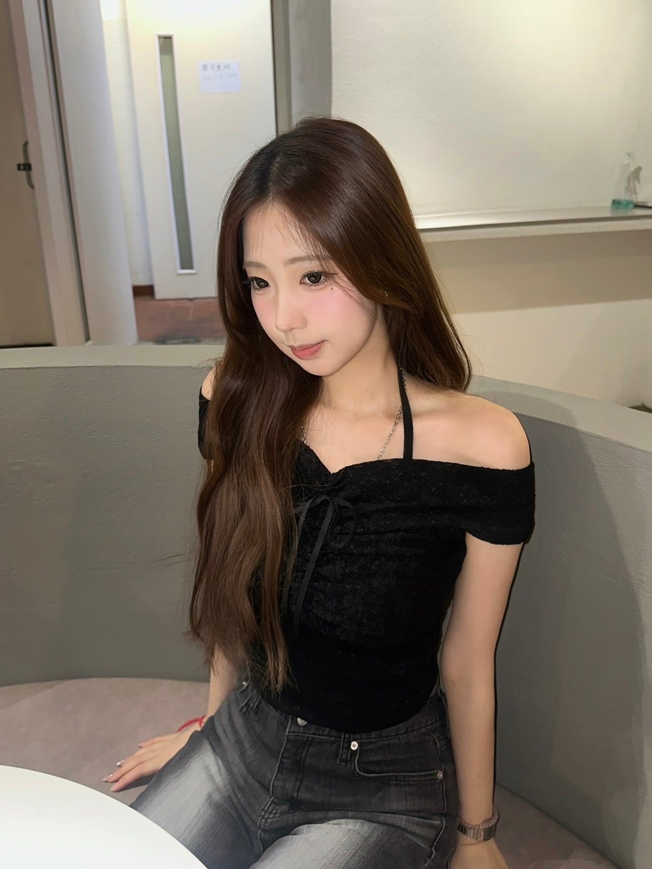 【遮手臂+疊穿必入】Unrose蕾絲蝴蝶結玫瑰Off-Shoulder Top