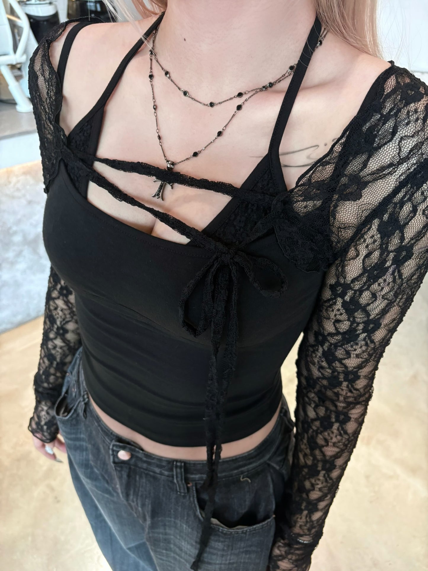 【顯瘦小外套】Daisy in Black蕾絲不規則可拆式綁帶短版外套