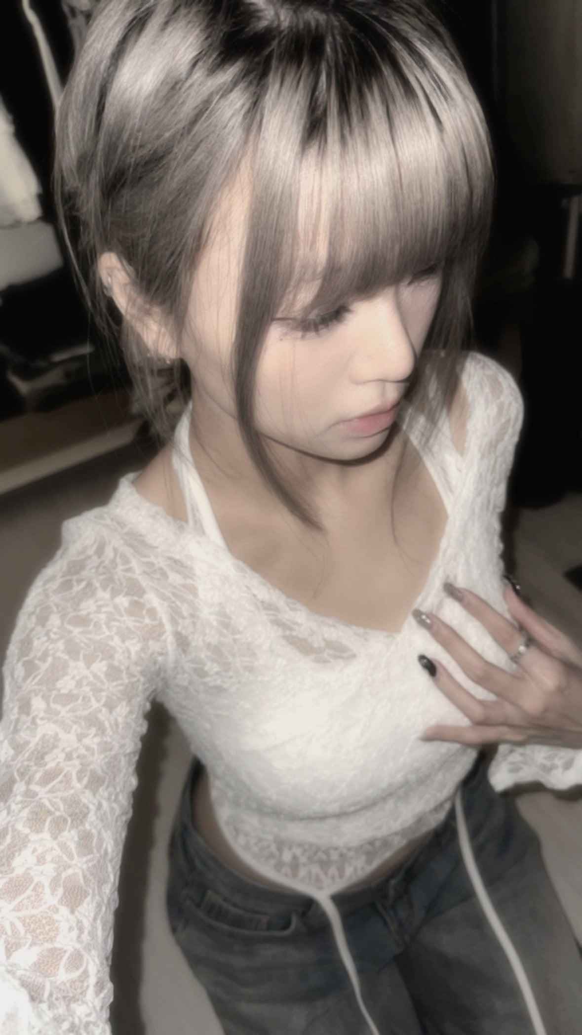 Melting Heart 蕾絲透膚開叉長袖Crop Top