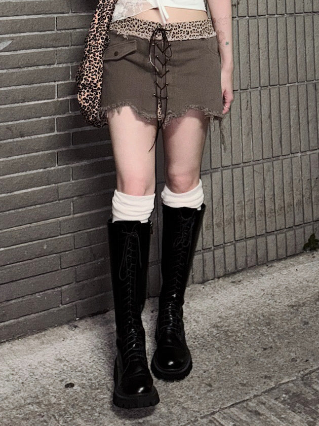 【豹紋穿搭入門級】Wild Cat破爛感豹紋交叉綁帶Mini Skirt
