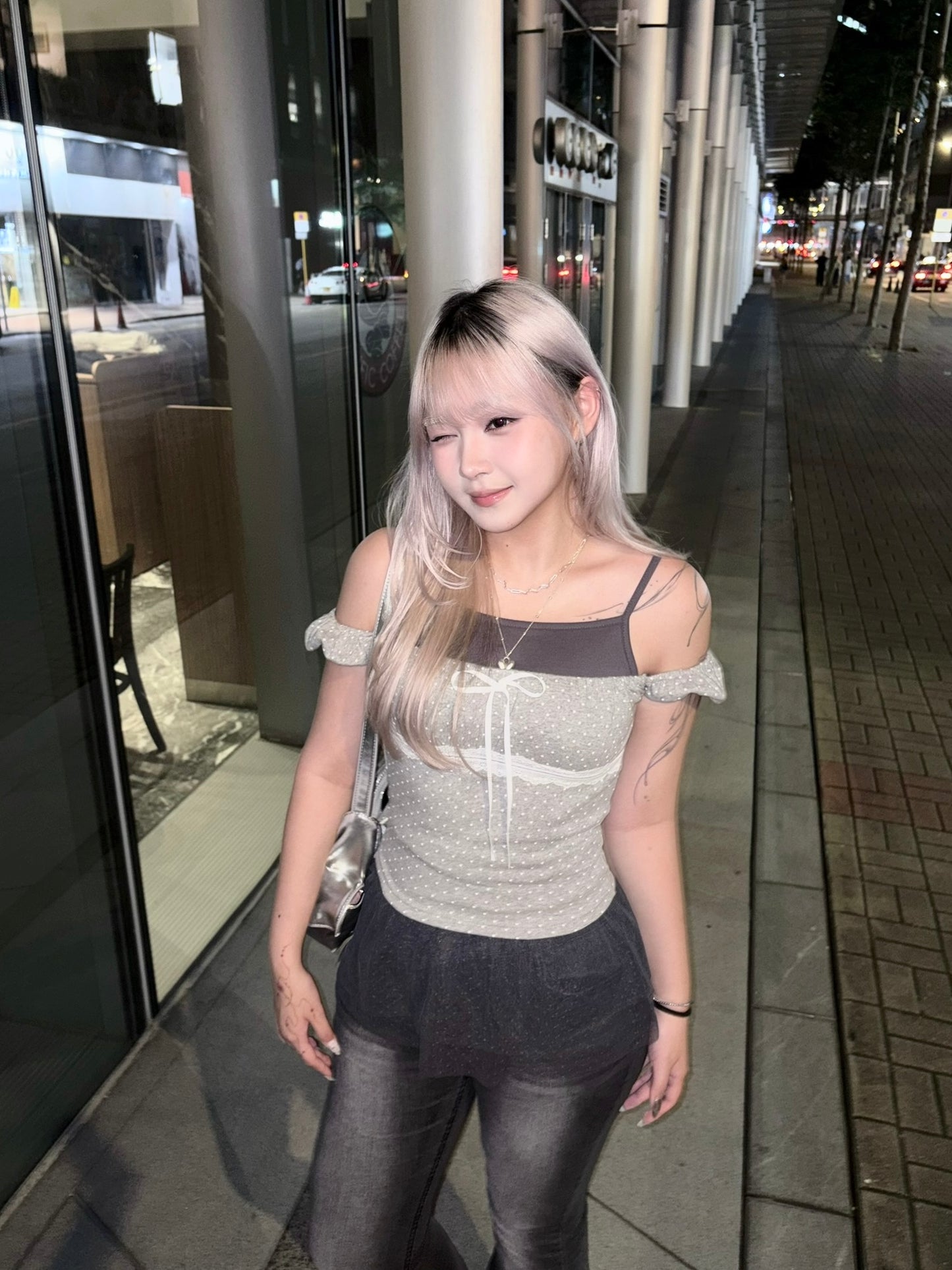 【韓網同款】Lilac波點蕾絲蝴蝶結泡泡袖Top