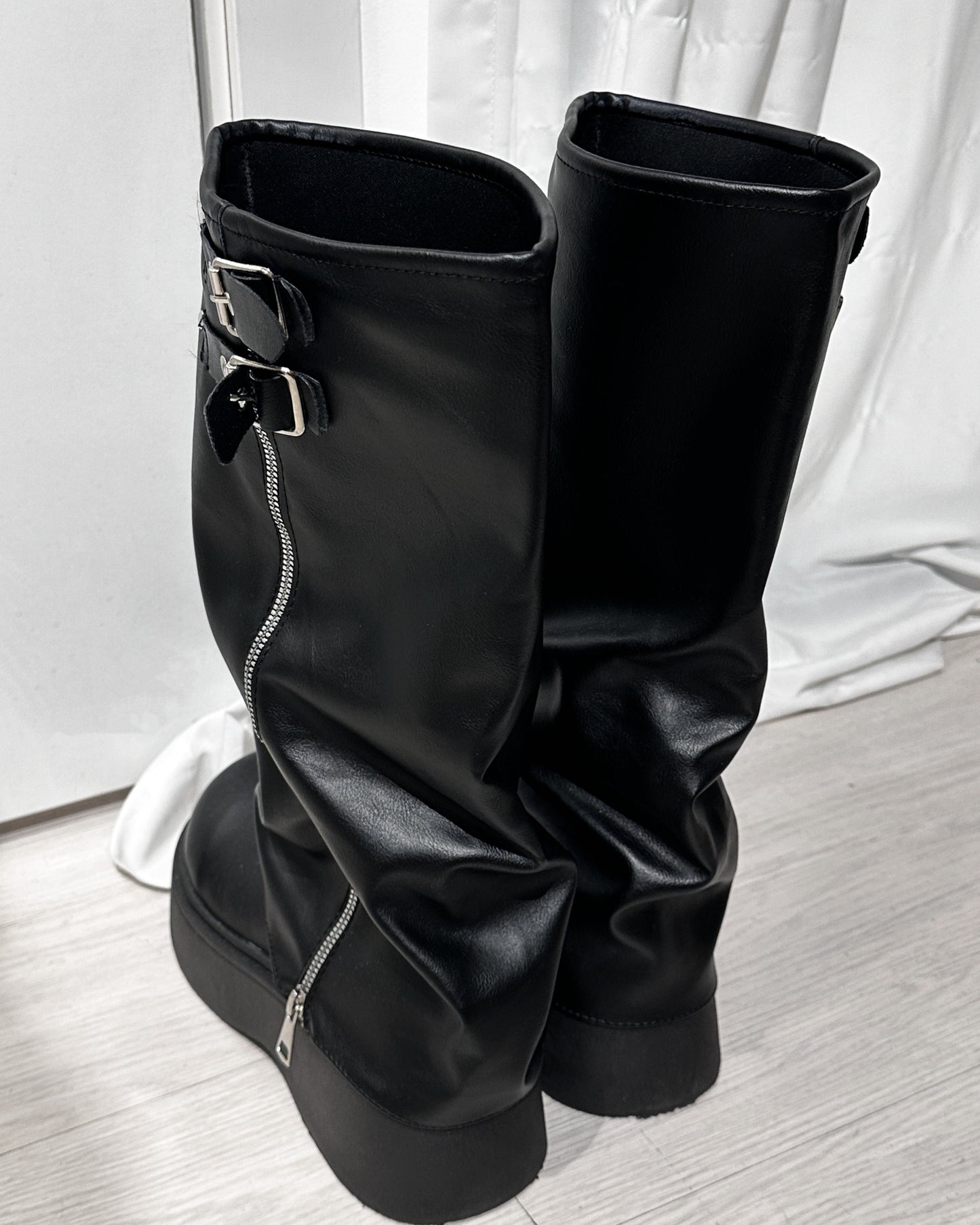 【超顯瘦襪套款|一笠即走】+5cm 韓系百搭銀扣闊筒Leg Warmer 懶人厚底騎士靴