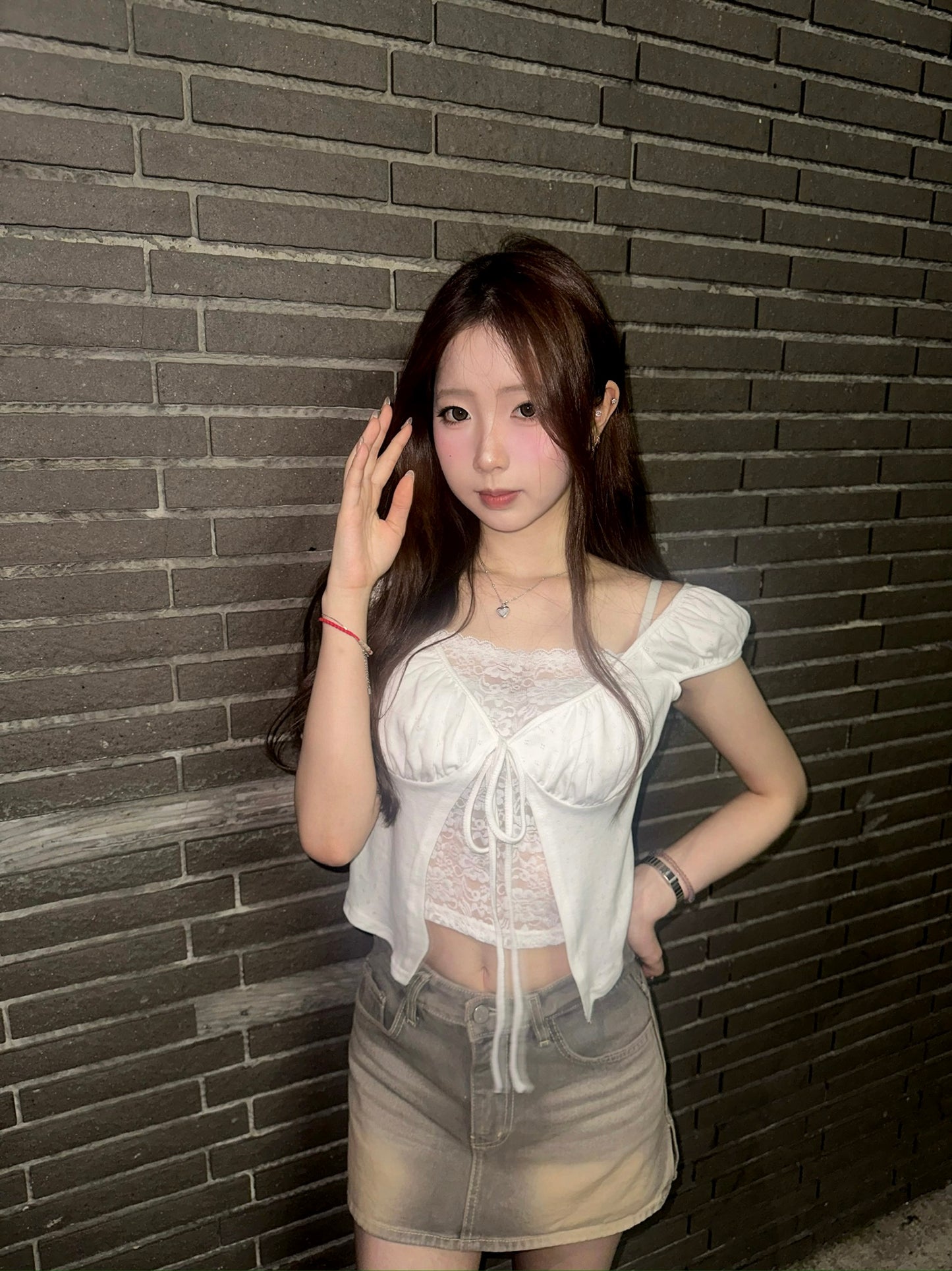 【韓系氣質風】Lace半透通花BB棉開胸蝴蝶結泡泡袖Top