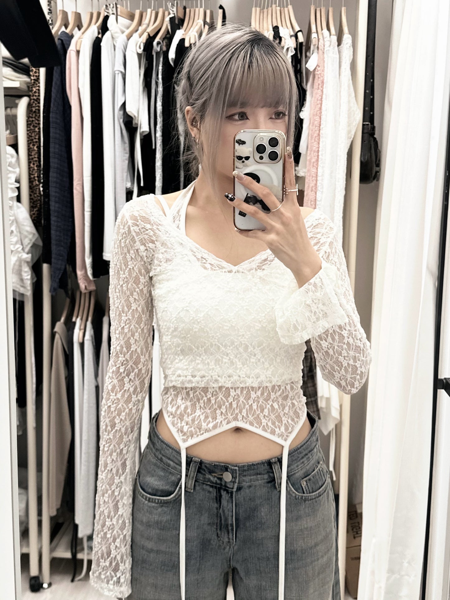 Melting Heart 蕾絲透膚開叉長袖Crop Top