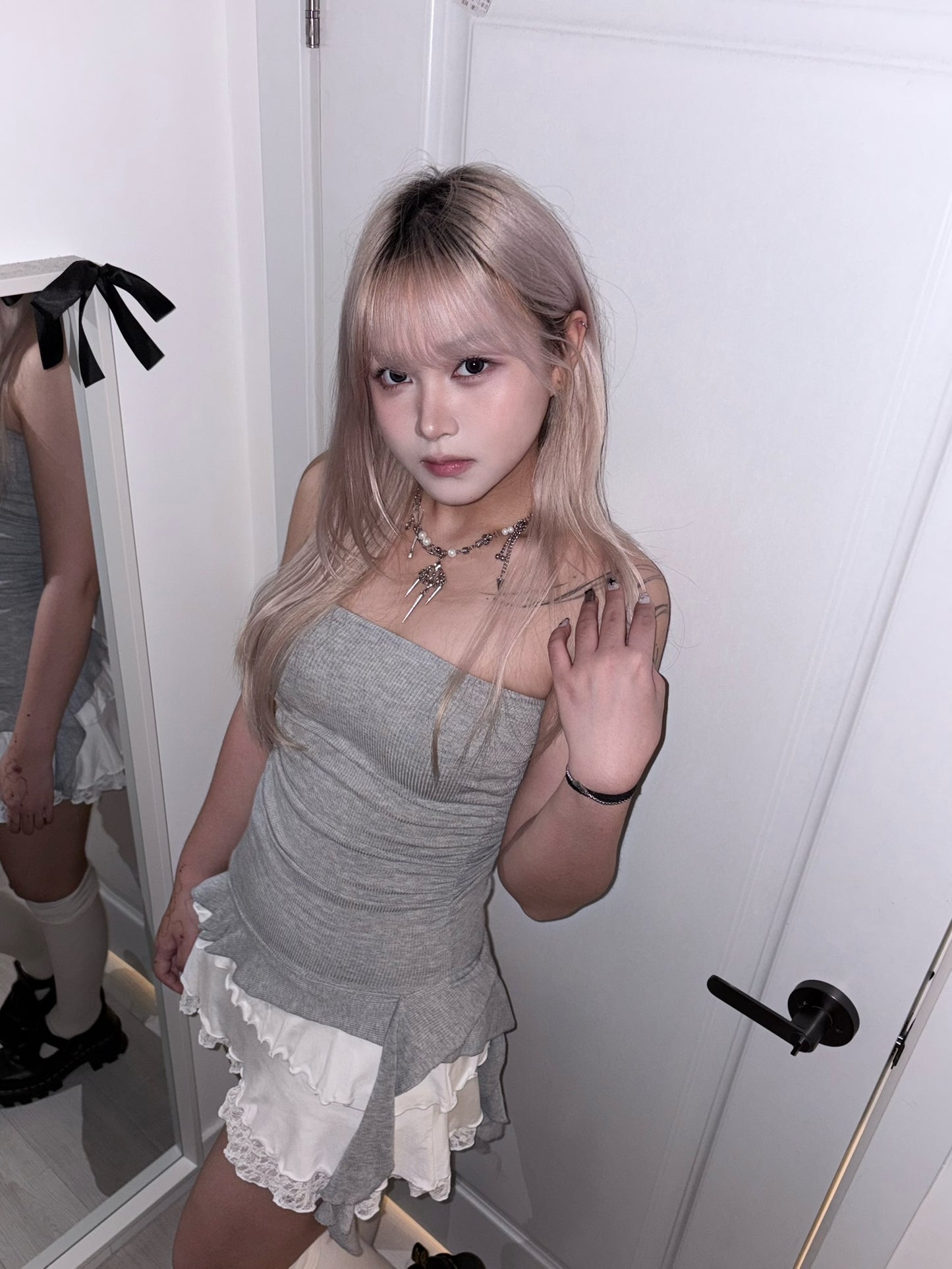【韓式疊穿入門】不規則垂墜飄帶半身抹胸Padded Dress
