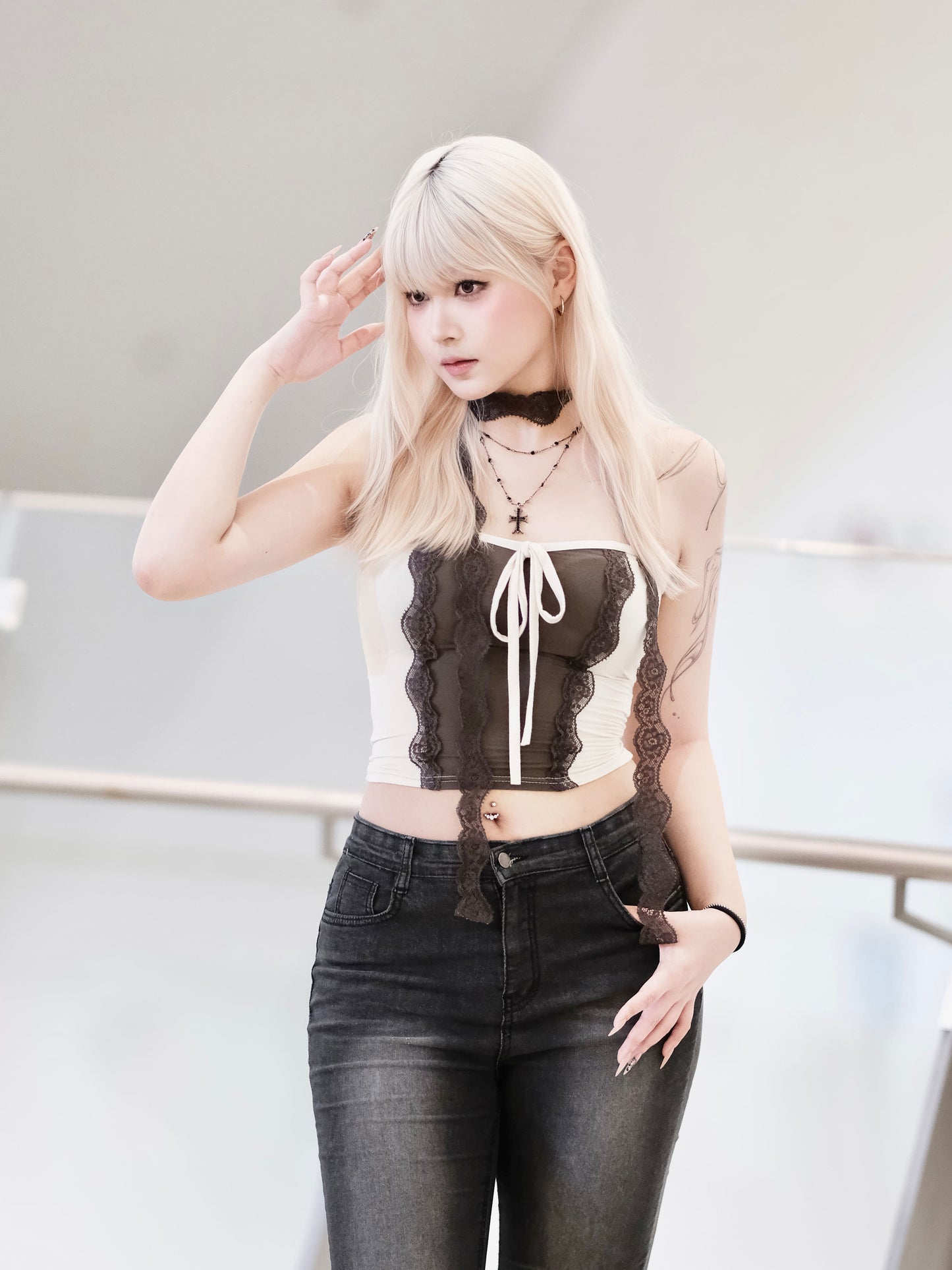 【復古輕哥德風】Vintage Elf 蕾絲蝴蝶結軟滑心型Tube Top Muffler Set