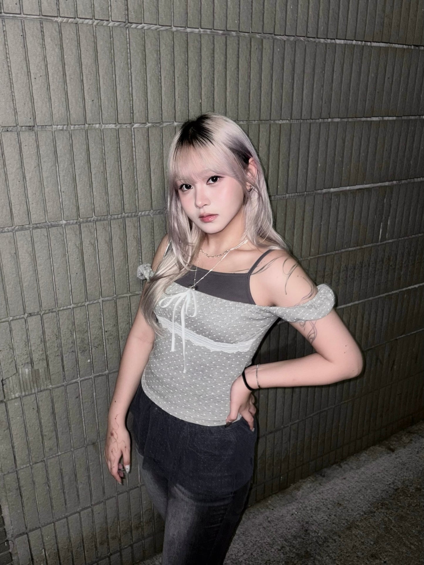 【韓網同款】Lilac波點蕾絲蝴蝶結泡泡袖Top