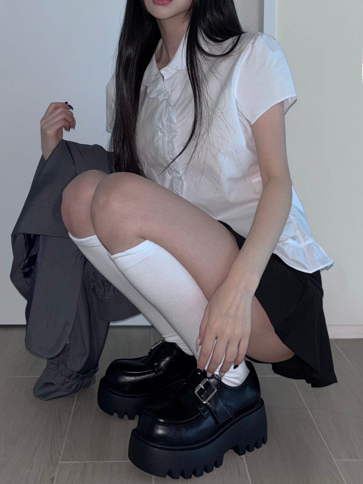 【韓網同款】+7cm Academic Girl 銀扣免綁厚底Mary Jane 皮鞋