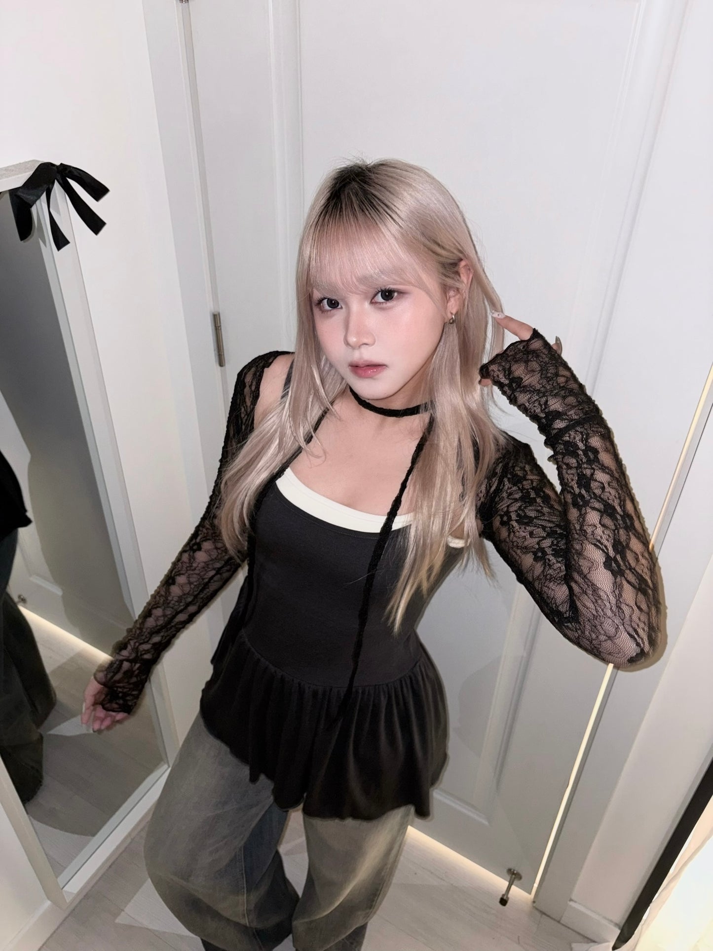 【顯瘦小外套】Daisy in Black蕾絲不規則可拆式綁帶短版外套