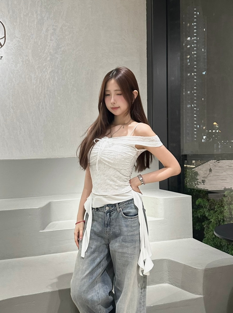 【遮手臂+疊穿必入】Unrose蕾絲蝴蝶結玫瑰Off-Shoulder Top