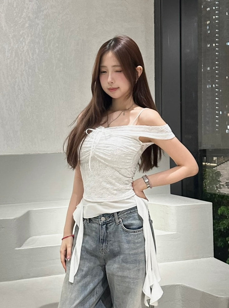【遮手臂+疊穿必入】Unrose蕾絲蝴蝶結玫瑰Off-Shoulder Top
