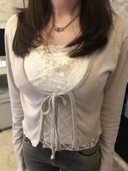 【早秋外套上衣2 in 1｜ 精緻蕾絲拼接假兩件】Serenade半透視蕾絲假兩件捲邊掛脖長袖開衫上衣