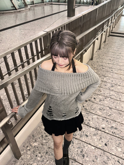 Damaged Off-shoulder Knit Top