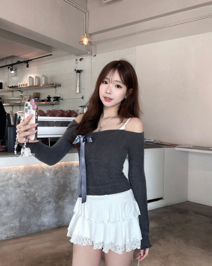 【情人節約會必選💗女友感滿分】Melting Heart 芭蕾舞風絲帶蝴蝶結滑滑絨毛一字肩Top