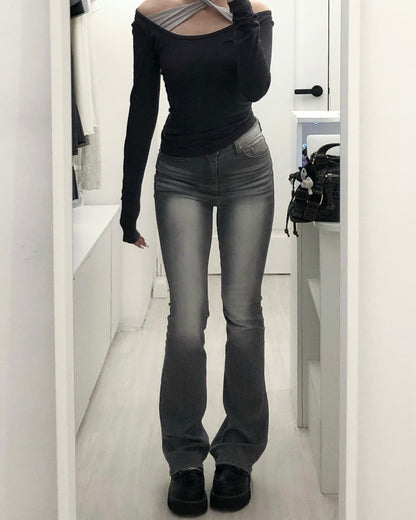 【紙片人顯瘦喇叭褲☑️新增顏色】Earl Grey Washed Bootcut Denim淺灰水洗刷白喇叭褲