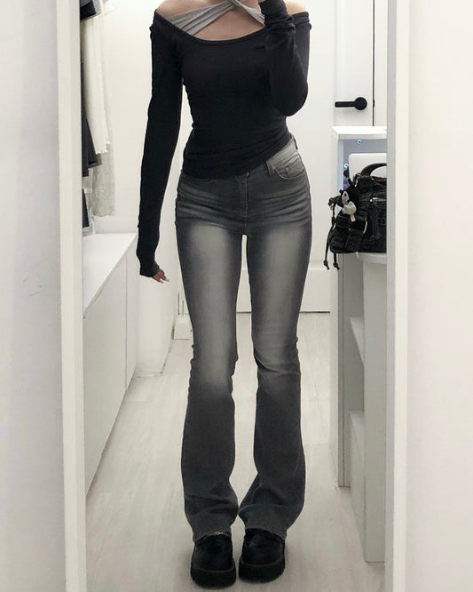 【紙片人顯瘦喇叭褲☑️新增顏色】Earl Grey Washed Bootcut Denim淺灰水洗刷白喇叭褲