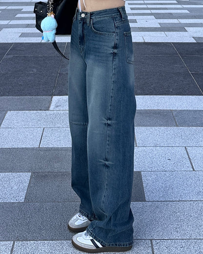 【韓網大熱款】Navy Blue漸層水洗磨白Pin Tuck 微彎刀闊褲