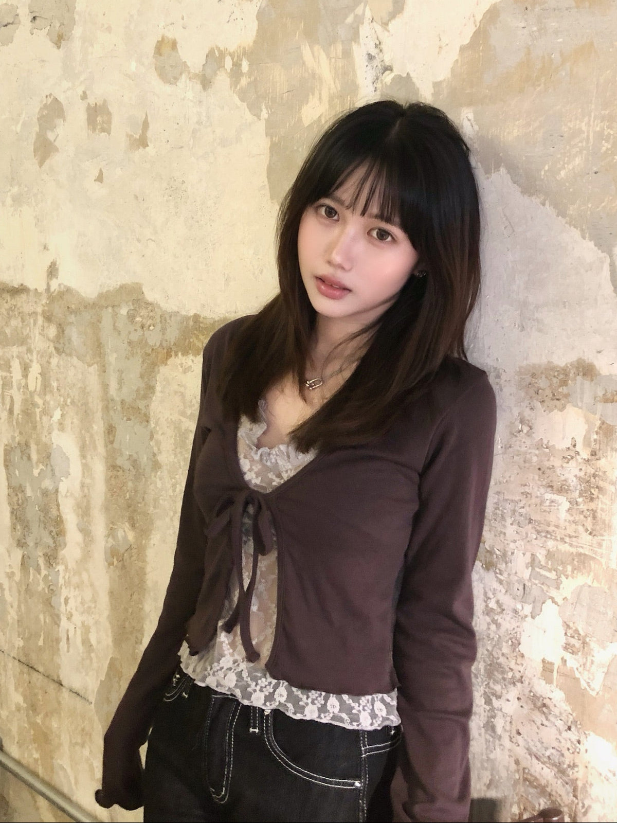 【早秋外套上衣2 in 1｜ 精緻蕾絲拼接假兩件】Serenade半透視蕾絲假兩件捲邊掛脖長袖開衫上衣