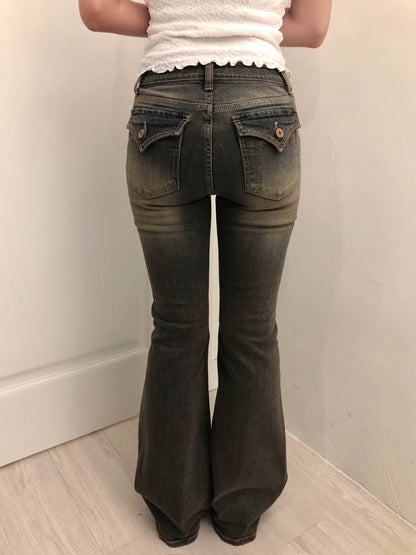 【打造蜜桃臀🍑♪ 日常百搭必入】Vintage Graphite 石墨水洗挺身明線喇叭褲