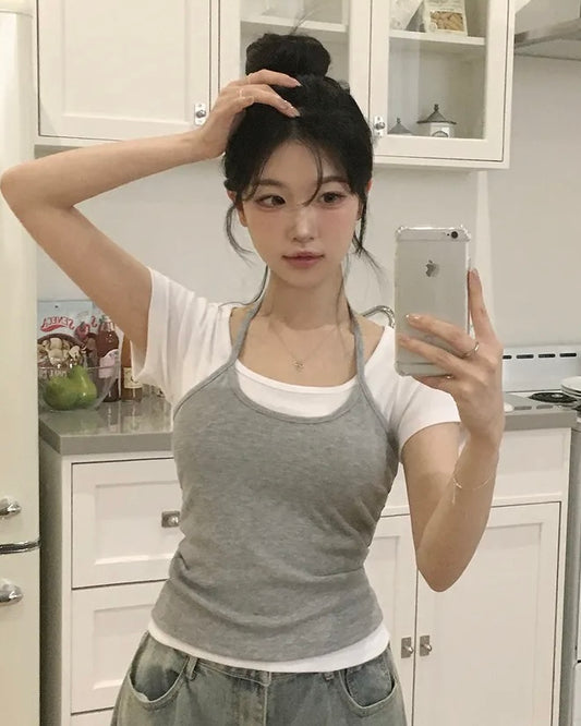 【韓系夏日疊穿CP值套裝｜ 日常Daily必入】Normcore 極簡掛脖背心 x 棉質 T-Shirt 2件套