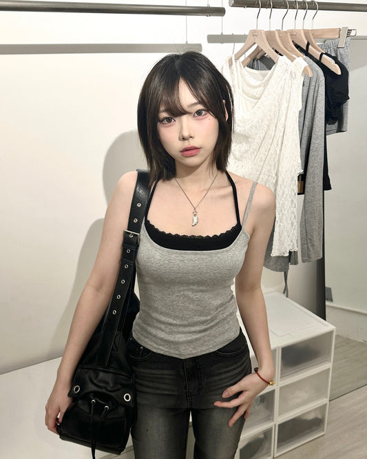 【免襯1件打造疊穿｜ 365日常必備】蕾絲拼色掛脖吊帶假兩件Bra Top背心