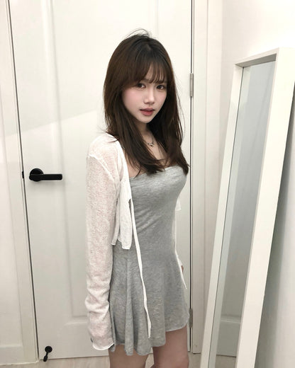 【韓式氣質女友約會感｜ 極顯纖細S腰線】Hourglass Firgure 透膚小外套+吊帶平領彈性OPS 2件套裝