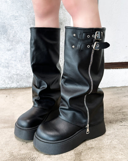 【超顯瘦襪套款｜一笠即走】+5cm 韓系百搭銀扣闊筒Leg Warmer 懶人厚底騎士靴