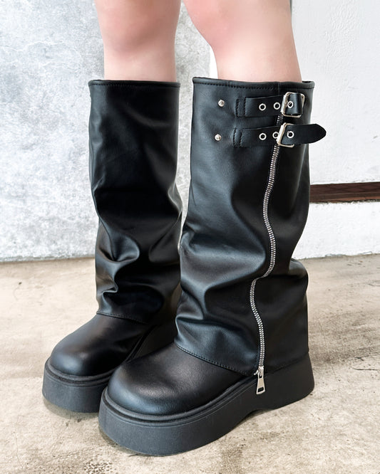 【超顯瘦襪套款｜一笠即走】+5cm 韓系百搭銀扣闊筒Leg Warmer 懶人厚底騎士靴