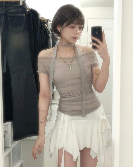 【Lovelist獨家襯搭 ♡ 套裝價 $348】Gauze Glow半透明感浪漫網紗 x Mistyque Layer 蕾絲吊帶假兩件背心Set