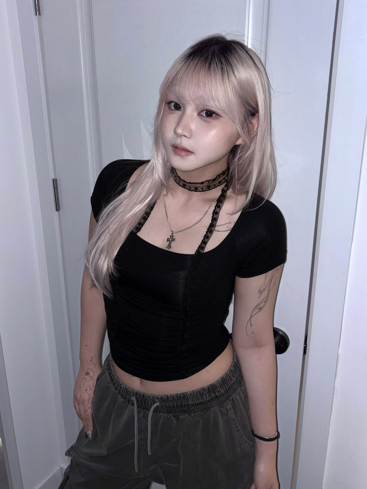 【已停產售完即止】韓式蕾絲風純色軟滑透氣圓領x Lace Muffler Top Set