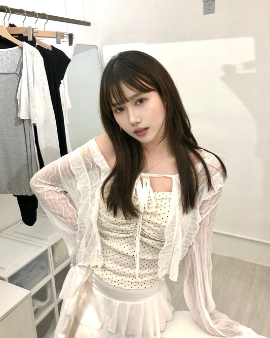 【Lovelist獨家襯搭 ♡ 套裝價 $368】Cuddly Mermaid波點心型抺胸Bra Top x Moondust 波浪紋捲邊透紗綁帶外套 原價$418