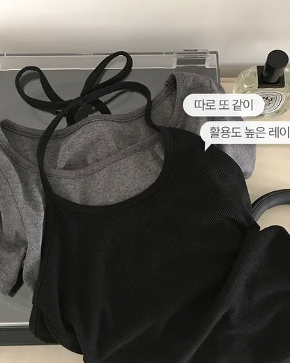 【韓系夏日疊穿CP值套裝｜ 日常Daily必入】Normcore 極簡掛脖背心 x 棉質 T-Shirt 2件套