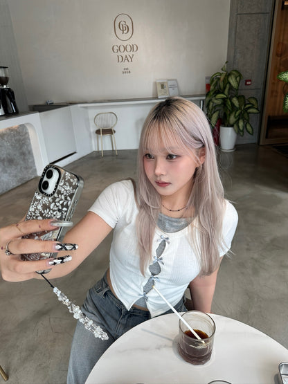 【可愛甜美風】Sliver Grey 蝴蝶結掛脖假兩件背心短袖Top