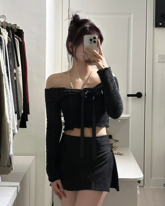 【情人節約會必選💗女友感滿分】Melting Heart 芭蕾舞風絲帶蝴蝶結滑滑絨毛一字肩Top