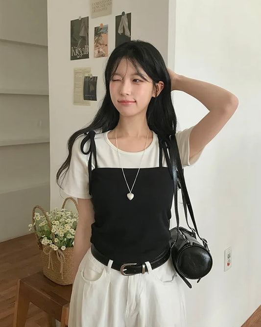 【韓系夏日疊穿CP值套裝｜ 日常Daily必入】Soft Monochrome 甜美雙肩綁帶蝴蝶結背心 x 寬鬆棉質 T-Shirt 2件套