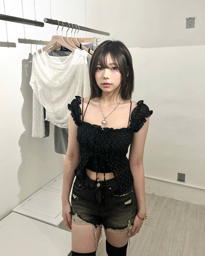 【溫柔女友感滿分｜ 韓系氣質約會必備 】Pristine 2 ways 雙蝴蝶結波點透紗捲邊Off-Shoulder Tank Top