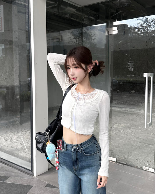 【熱賣回歸☆懶人疊穿 】Aura絲帶假兩件針織長袖Top