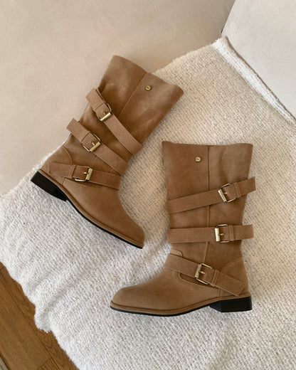 【2 ways可反笠｜ 零秒提升穿搭感】冬日感復古金扣中筒麂皮長靴