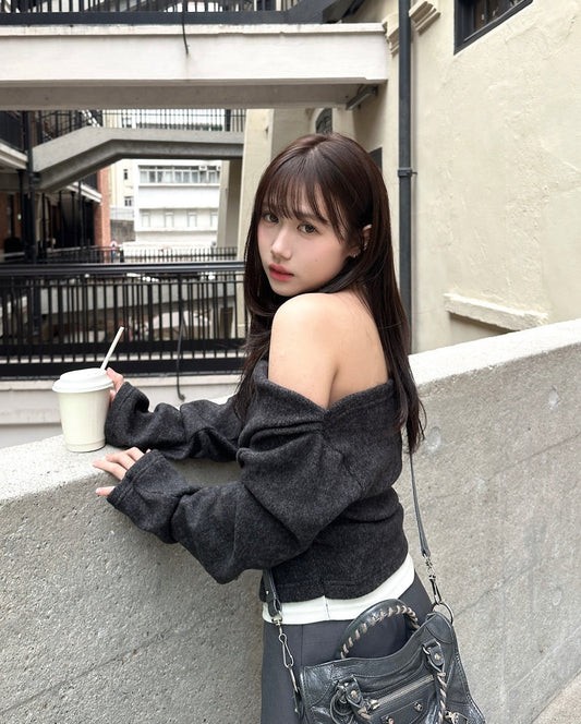 【極簡韓亞風｜Warm Up絨面使用】Soft Touch 小性感假兩件掛脖Off Shoulder Halter Top