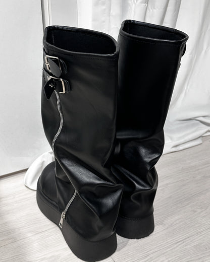 【超顯瘦襪套款｜一笠即走】+5cm 韓系百搭銀扣闊筒Leg Warmer 懶人厚底騎士靴