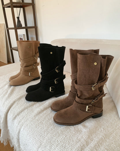 【2 ways可反笠｜ 零秒提升穿搭感】冬日感復古金扣中筒麂皮長靴