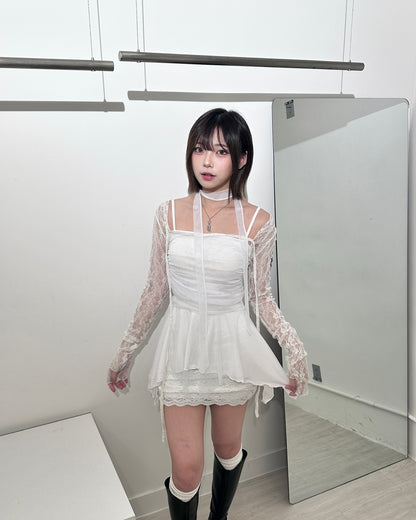 【自帶仙氣柔光濾鏡｜ 浪漫約會必備】Twinkle Fairy 網紗不規則層次高腰幼肩吊帶＋透紗頸巾Set