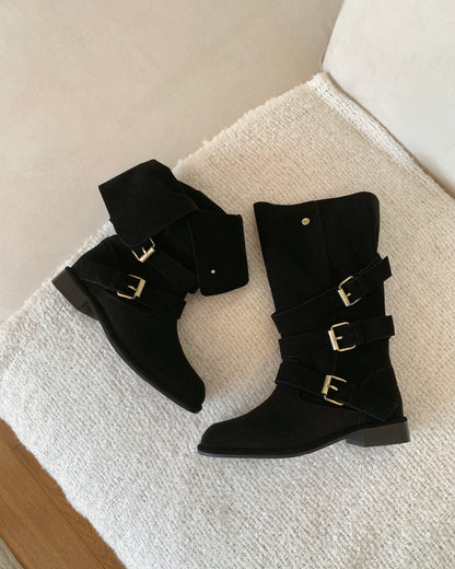 【2 ways可反笠｜ 零秒提升穿搭感】冬日感復古金扣中筒麂皮長靴