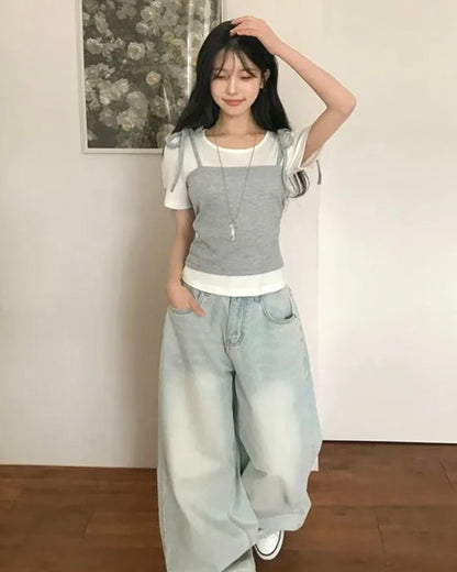 【韓系夏日疊穿CP值套裝｜ 日常Daily必入】Soft Monochrome 甜美雙肩綁帶蝴蝶結背心 x 寬鬆棉質 T-Shirt 2件套