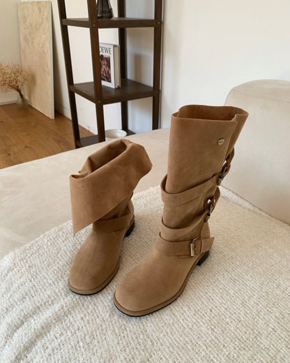 【2 ways可反笠｜ 零秒提升穿搭感】冬日感復古金扣中筒麂皮長靴