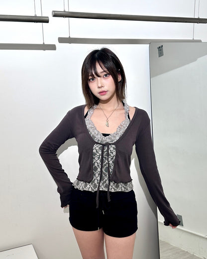 【早秋外套上衣2 in 1｜ 精緻蕾絲拼接假兩件】Serenade半透視蕾絲假兩件捲邊掛脖長袖開衫上衣