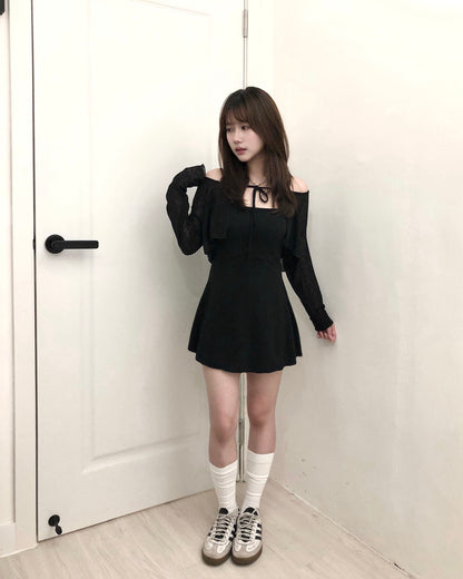 【韓式氣質女友約會感｜ 極顯纖細S腰線】Hourglass Firgure 透膚小外套+吊帶平領彈性OPS 2件套裝