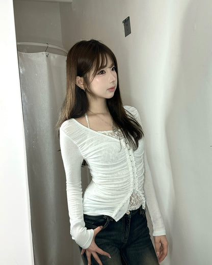 【韓系個性🖤顯身材首選】Understated極簡修腰排勾透膚長袖Top