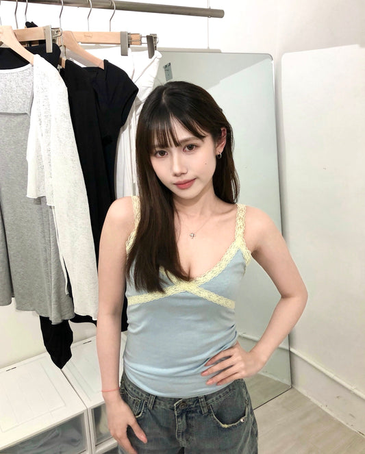 【韓網熱賣同款｜ 夏日純慾小性感 】Dopamine 撞色交疊蕾絲吊帶背心