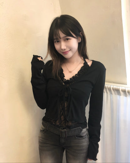 【早秋外套上衣2 in 1｜ 精緻蕾絲拼接假兩件】Serenade半透視蕾絲假兩件捲邊掛脖長袖開衫上衣